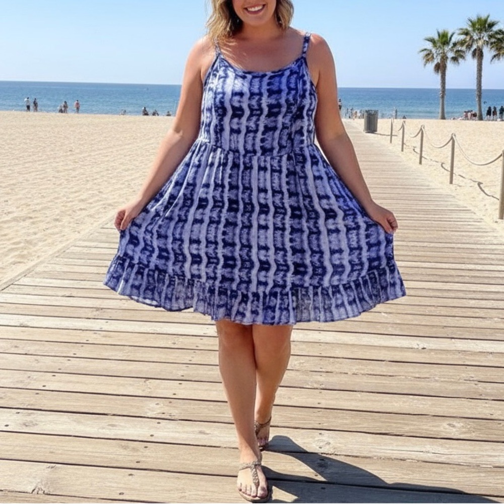 Torrid Sundress 1X Blue Tie-Dye Empire Ruffle Wavey Boho Festival Hippie Gypsy